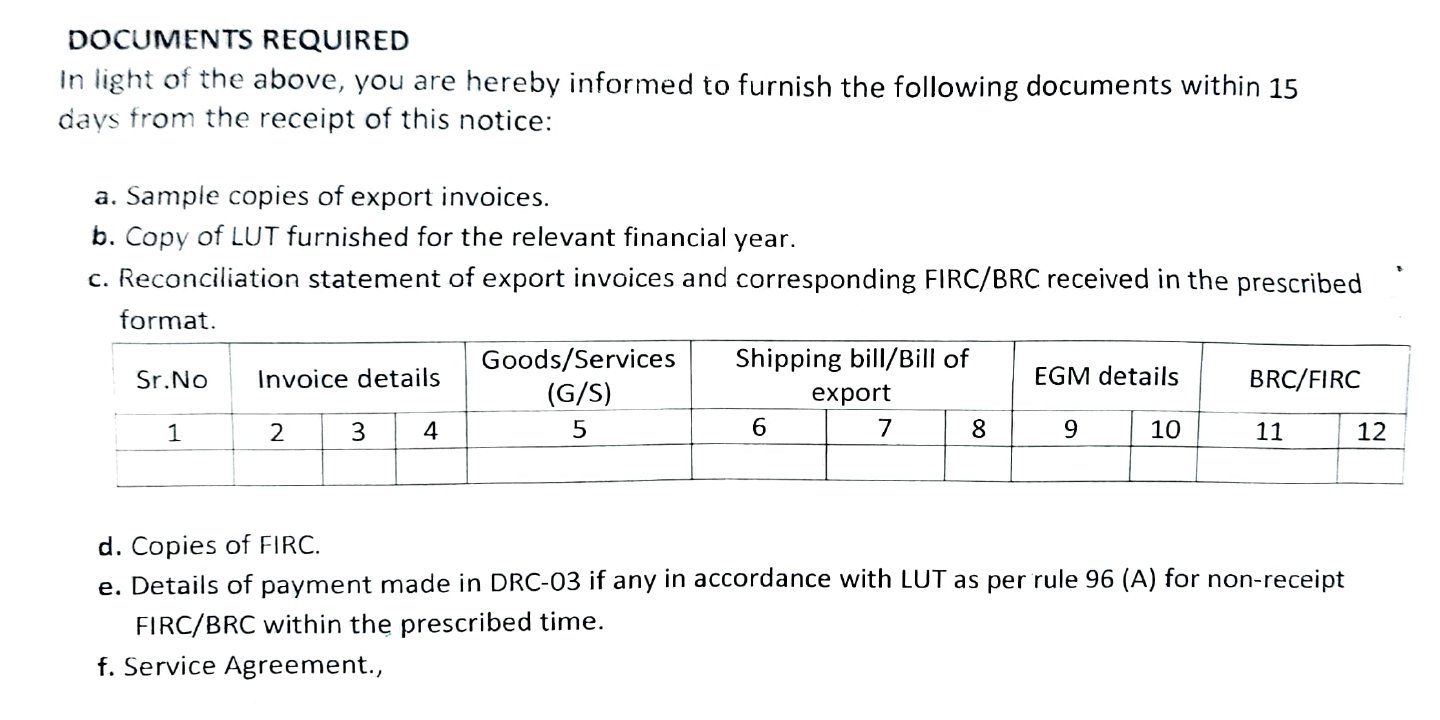 List of documents required in the notice: sample export invoices, LUT for the year, reconciliation of export invoices with FIRC or BRC in a prescribed table, copies of FIRC, DRC-03 payments for unrealised invoices, and service agreement