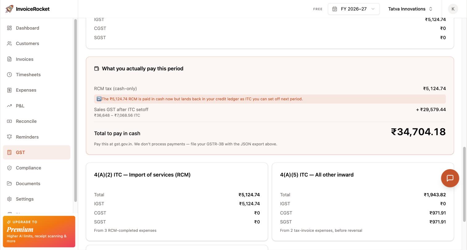 InvoiceRocket GSTR-3B for August 2026: RCM tax of ₹5,124.74 payable in cash, sales GST after ITC setoff, a total cash payment of ₹34,704.18, and the 4(A)(2) import-of-services ITC box showing ₹5,124.74 IGST from three RCM expenses