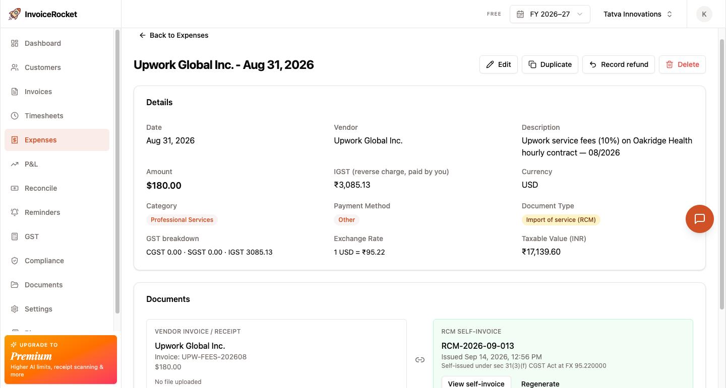 InvoiceRocket expense for Upwork Global Inc. dated 31 Aug 2026: $180.00 of service fees recorded as an import of service (RCM) at 1 USD = ₹95.22, taxable value ₹17,139.60 and ₹3,085.13 IGST under reverse charge, linked to RCM self-invoice RCM-2026-09-013 issued under section 31(3)(f)