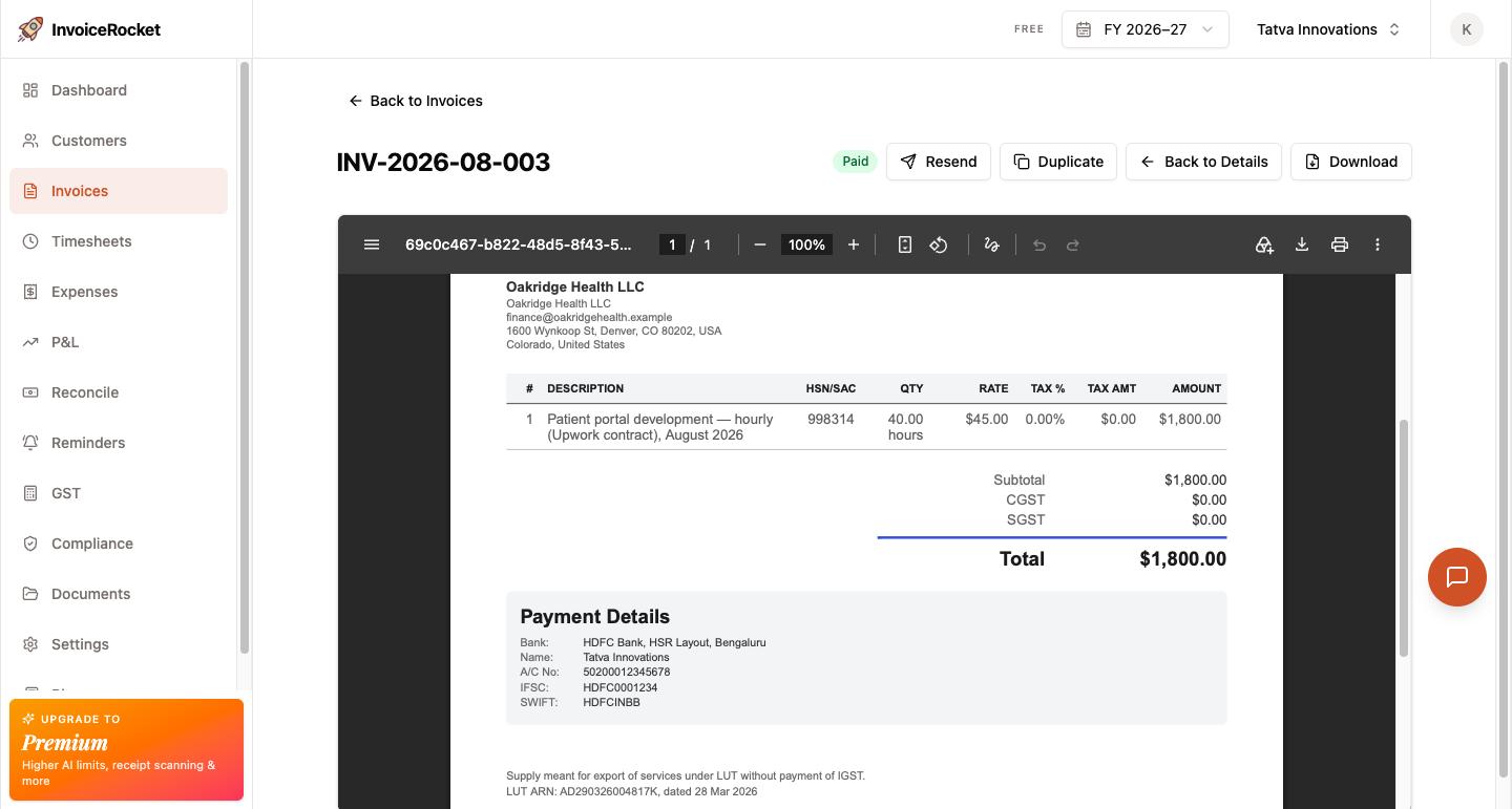 PDF of export invoice INV-2026-08-003 to a US client: 40 hours at $45 under SAC 998314 with 0% tax, a $1,800.00 total, bank details including SWIFT, and the declaration "Supply meant for export of services under LUT without payment of IGST" with LUT ARN AD290326004817K dated 28 Mar 2026