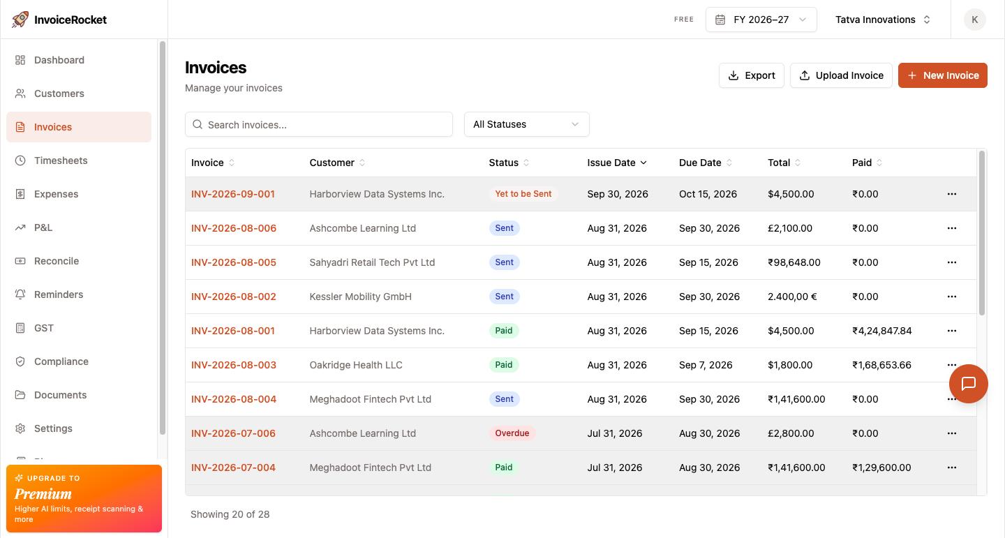 InvoiceRocket invoice list showing each invoice with its customer, status of Sent, Paid, Overdue or Yet to be Sent, issue date, due date, total in USD, EUR, GBP or INR, and the amount paid so far