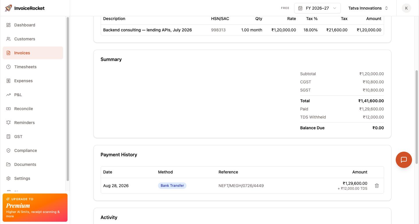 InvoiceRocket invoice showing a client payment with TDS withheld under section 194J, with the net amount received and the TDS component recorded separately